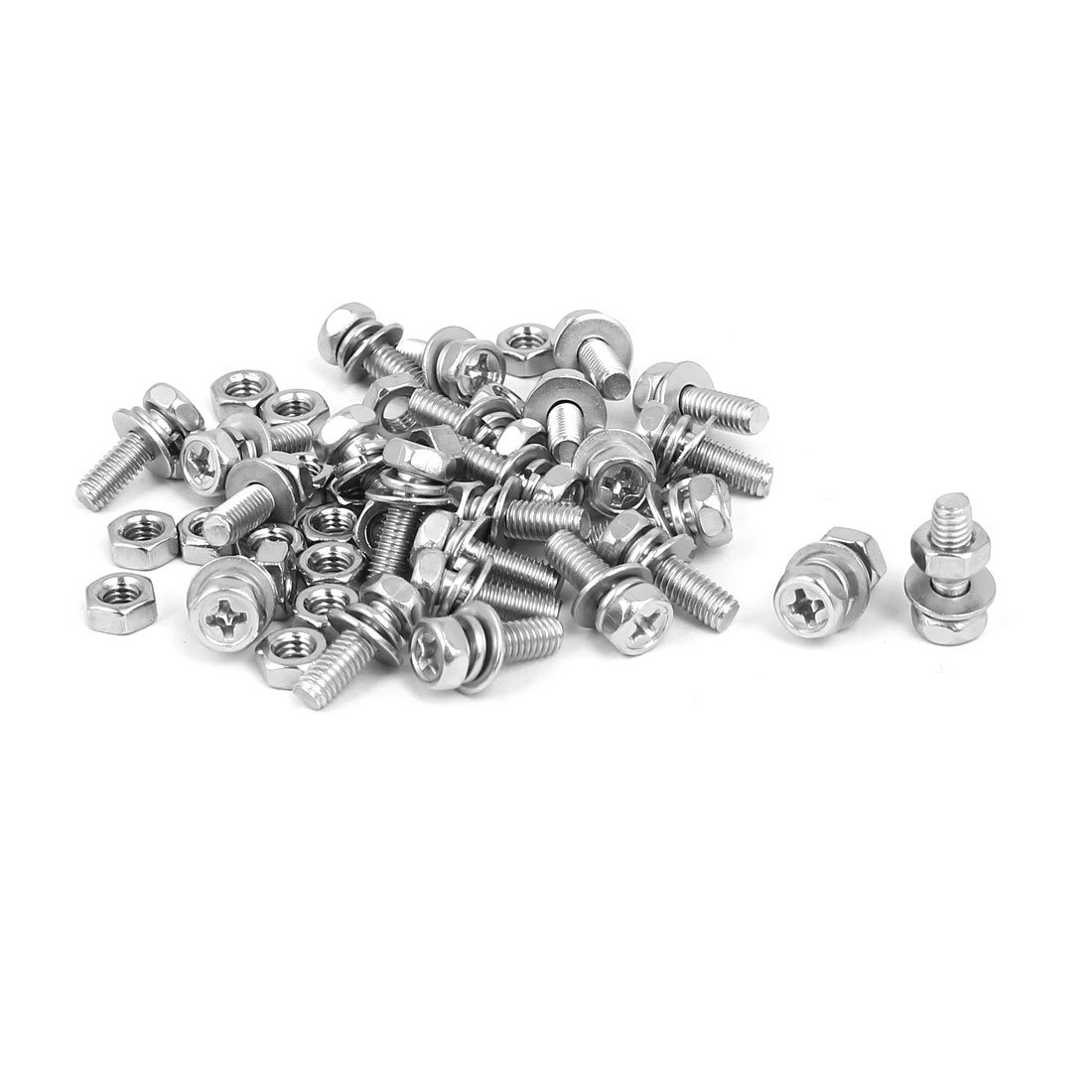 Sourcingmap M4 x 12mm 304 Stainless Steel Phillips Hex Head Bolts Nuts w Washers 25 Sets