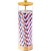 VEGEVIGI Acrylic Straw Holder For Counter With Bamboo Lid, Straw Dispenser Organizer For Home, Clear Plastic Drinking Straw Storage Container