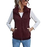 LOMON Womens Fuzzy Fleece Vest, Casual Warm Sleeveless Zip Up Sherpa Vest Jacket with Pockets for Fall/Winter