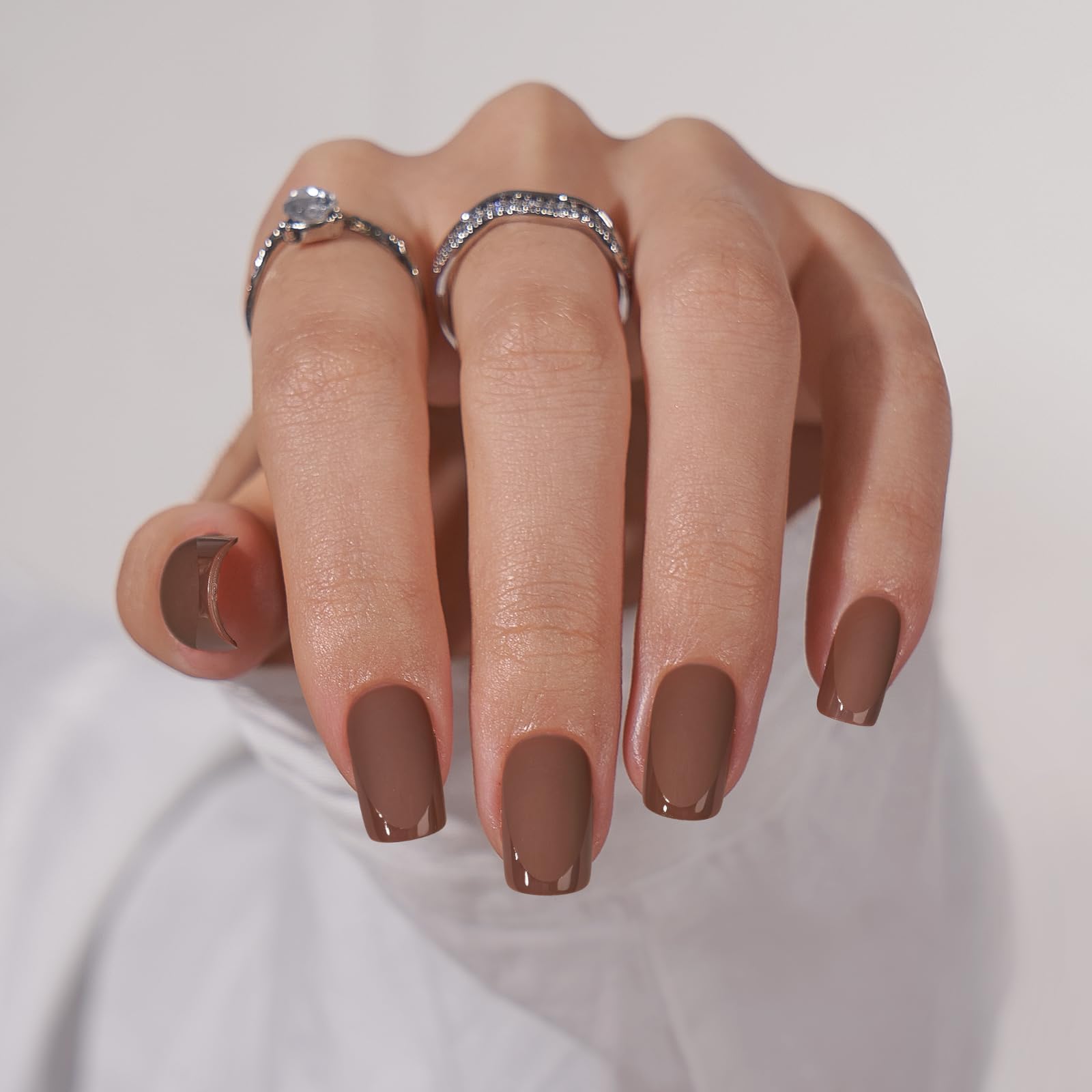 BTArtbox Press on Nails Short Square - Dark Brown Nails with Glossy French Tips in a Matte Finish, Soft Gel Fake Nails Glue On Nails in 16 Sizes for Gift, Coffee Toffee - Image 4