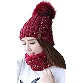 IYEBRAO Womens Winter Knit Beanie Hat and Scarf Set Girls Cute Slouchy Thick Fleece Lined Ski Hat Warm Skull Cap with Pom