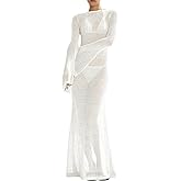 Saodimallsu Womens Crochet Cover Ups Long Sleeve Sexy Mesh Backless Knit Swimsuit Coverup Beach Maxi Dress