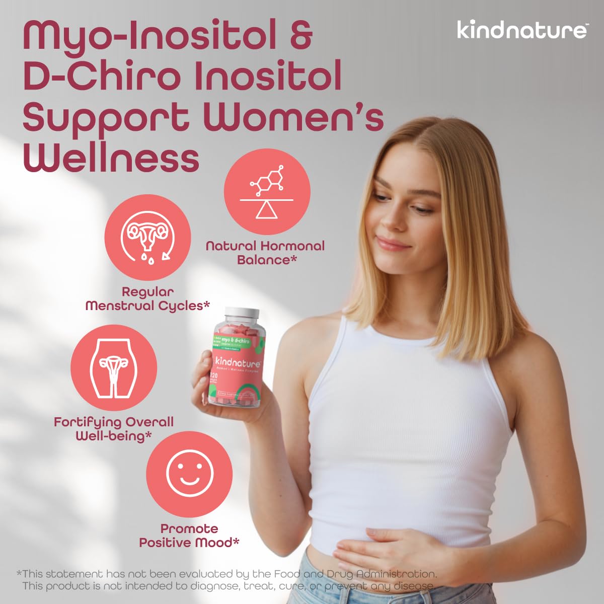 kindnature Myo-Inositol & D-Chiro Inositol Gummies with Vitamin D & Folate - Ideal 40:1 Ratio - 30 Day Supply
