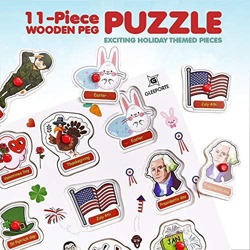 Gleeporte Wooden Peg Puzzle, Holiday Theme - Learning Educational Pegged Puzzle for Toddler & Kids (11 pcs)