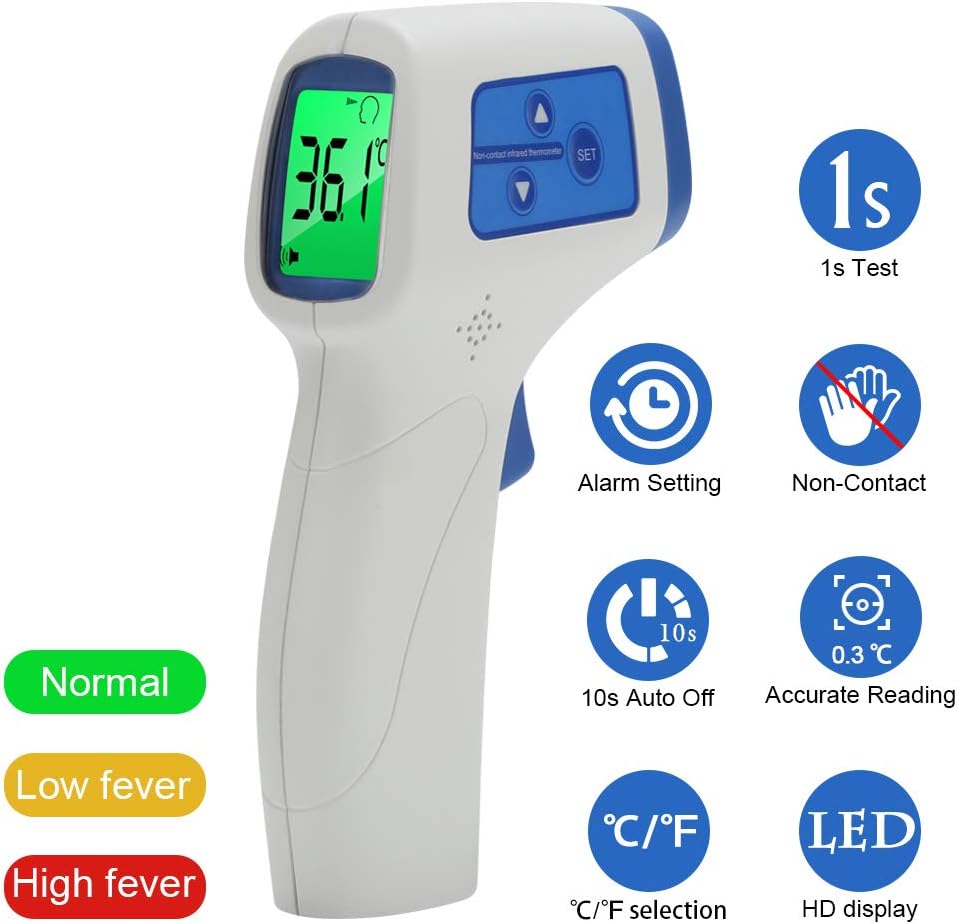 IR Forhead Thermometer, Padgene No Contact Digital Infrared Body Thermometer Accurate Instant Readings LCD Screen Temperature Gun with Fever Alarm, 32 Group Data Memory for Baby Adults (White Blue2)