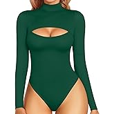 MANGOPOP Women's Mock Neck Cutout Front Bodysuit Long Sleeve Sleeveless Turtle Neck Body Suits Sexy Tops
