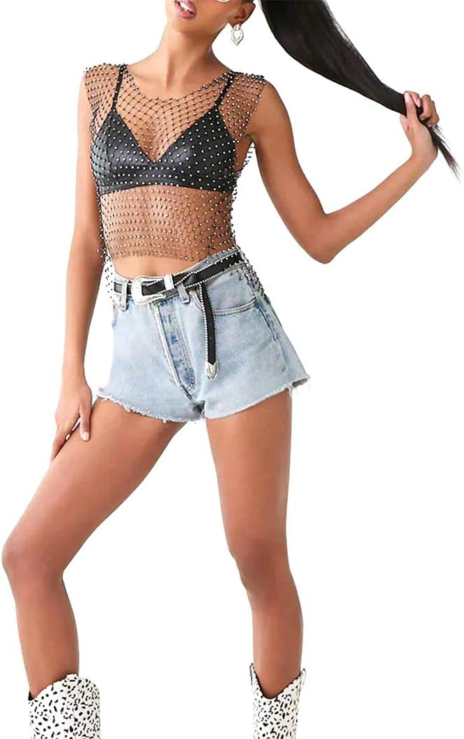 Flyrose Women Sexy See Through Mesh Beach Bikni Swimsuit Sleeveless Cover up Rhinestone Crop Top Shirts