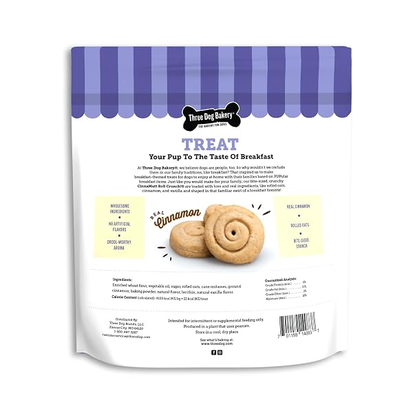 THREE DOG BAKERY CINNAMUTT ROLL CRUNCH CHRISTMAS DOG TREATS, HOLIDAY CINNAMON ROLL FLAVORED COOKIES, STOCKING STUFFER DOG COOKIES, CRUNCHY BAKED IN THE USA, 5 OZ
