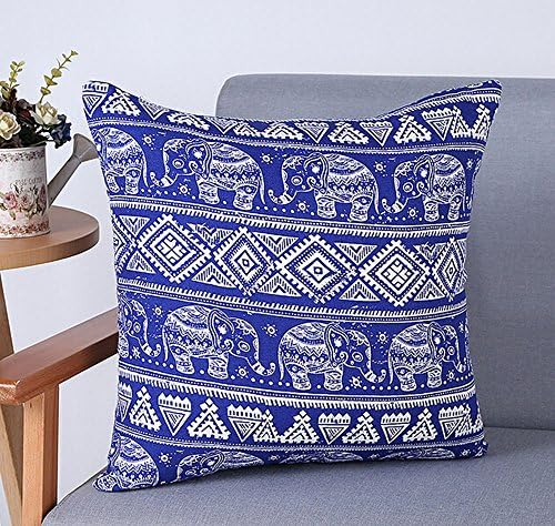 Cotton Linen Southeast Asia Bohemian Diamond Geometric Pattern Boho Elephant Blue Square Throw Pillow Covers Cushion Cover Decorative Sofa Bedroom Living Room