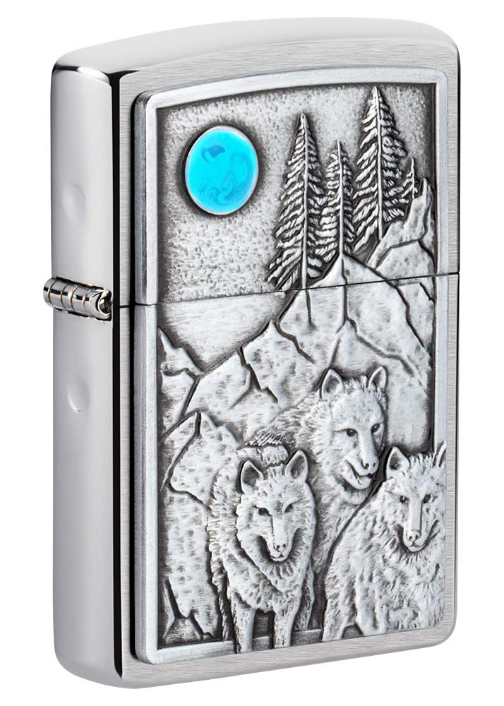 Zippo Unisex's Emblem Pocket Lighter, Brushed Chrome Wolf Pack and Moon, One Size