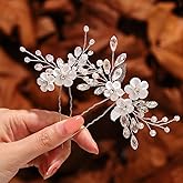 HEREAD Flower Bride Wedding Hair Pins Silver Pearl Bridal Hair Accessories Crystal Hair Pieces for Women and Girls (Pack of 2) (Silver)