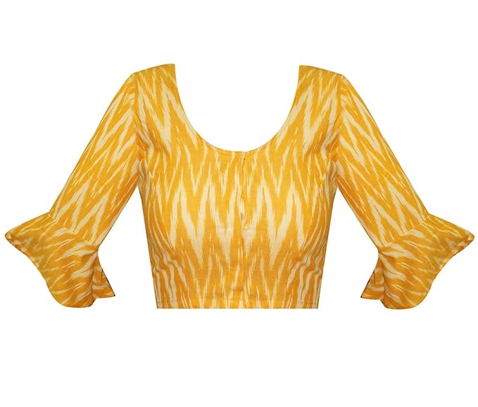 Deep Neck Yellow Ikkat Bell Sleeves Reaymade Blouse