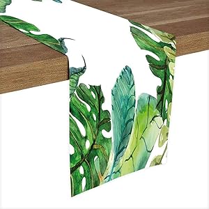 oobon Turquoise Dark Green Apple Green Polyester Linen Tea Long Table Runner,Watercolor Print Garden Botanical Herbal Forest Leaves Decor for Art Wedding Bridal Shower Bachelorette Party (18