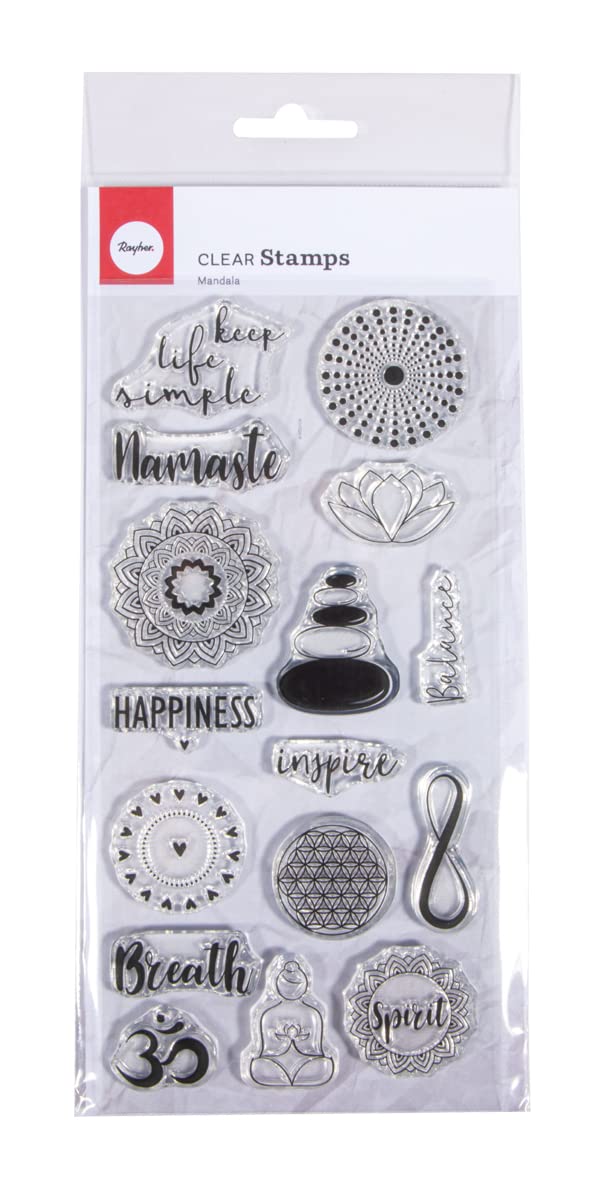Rayher Set of 16 Clear Silicone Stamps for Card Making and Crafting, Stamps with Mandalas, Yoga Designs, and Inspirational Quotes, 97x205mm, 50255000