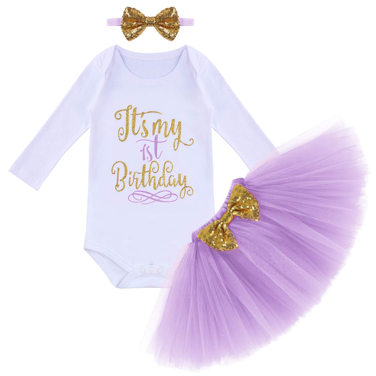 It’s My 1st Birthday Baby Girl Cake Smash Outfit Toddler First Birthday Clothes Shiny Letter Print Long Sleeve Romper Tulle Tutu Skirt Sequin Bow Headband Photo Props Costume Set Light Purple 1 Year