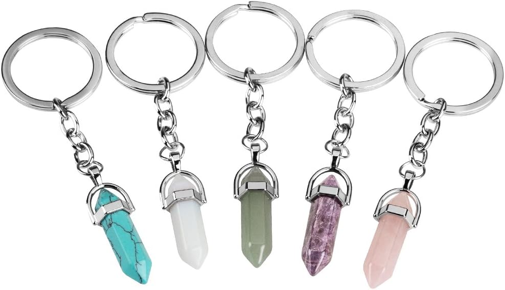 Exweup 5Pcs Crystal Key Chain Opal Amethyst Gemstone Jewelry Accessory Reiki Chakra Pendant Key Rings for Women