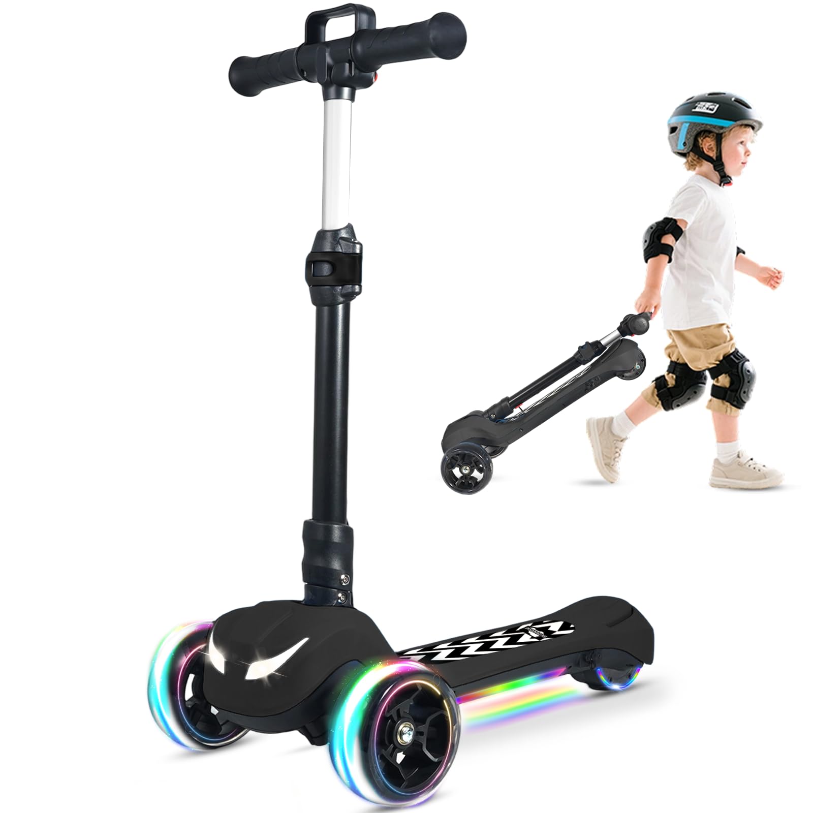 Electric Scooter for Kids Ages 3-12, Full Body Lights Up, Wide Deck, 3 Adjustable Heights, 5MPH Safe Speed, 90min Riding, Foldable 3 Wheel Electric Scooter for Kids Boys Girls Toddler