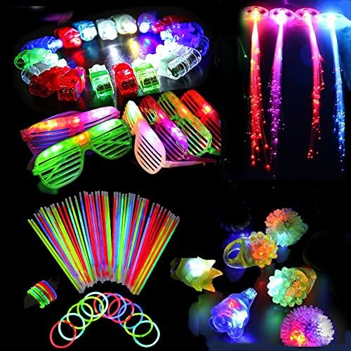 60 Pc Party Favor Toys For Kids ,24 LED Finger Lights 20 LED Bubble Bracelets and 6 Flashing Slotted Shades Glasses 6 Flashing Bumpy Rings 4 LED Hair
