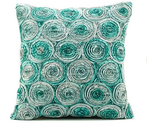 Narphosit Round Two Tone 3d Bouquet Roses Thai Silk Cushion Cover Throw Pillow Case (Teal)