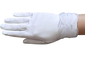 ZaZa Bridal Girl's Satin Gloves with sparkling bugle beads on the Gathered Chiffon Trim/White