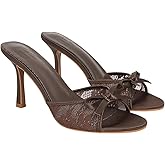 MakeMeChic Women's Bow Lace Heeled Sandals Leather Open Toe Dressy Shoes
