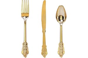 WDF 300 Pieces Gold Plastic Silverware Disposable - Heavy Duty Plastic Cutlery - Gold Silverware Sets Includes 100 Forks, 100 Spoons, 100 Knives for Valentine's Day