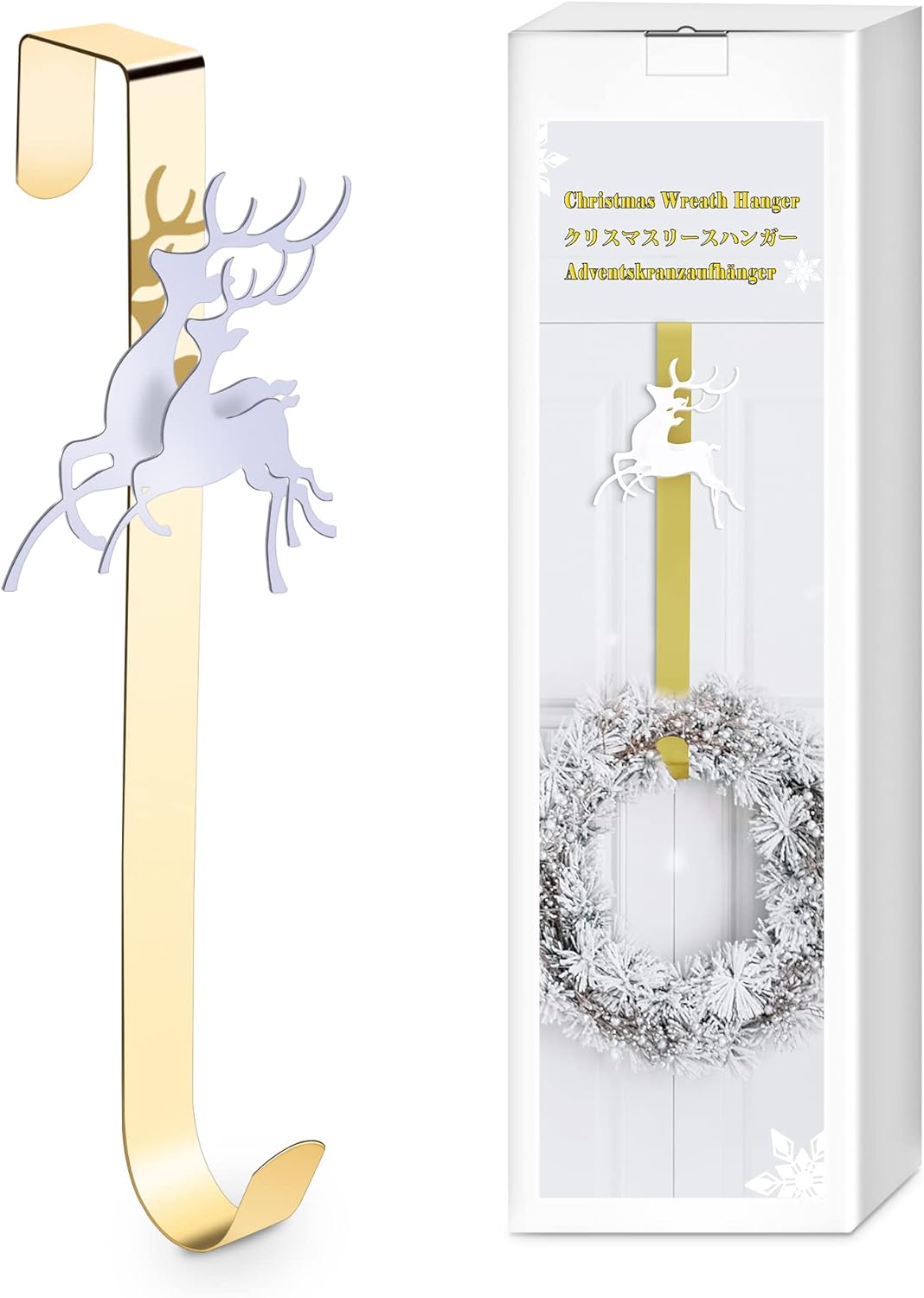 Wreath Hangers - KPCB Wreath Hangers for Front Door with Christmas Reindeer Chrome 15'' Gold Door Hanger