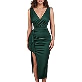 CurvySweet Deep V Neck Wrap Formal Midi Cocktail Dress Sleeveless Thigh Slit Ruffle Ruched Fall Wedding Guest Dress for Women