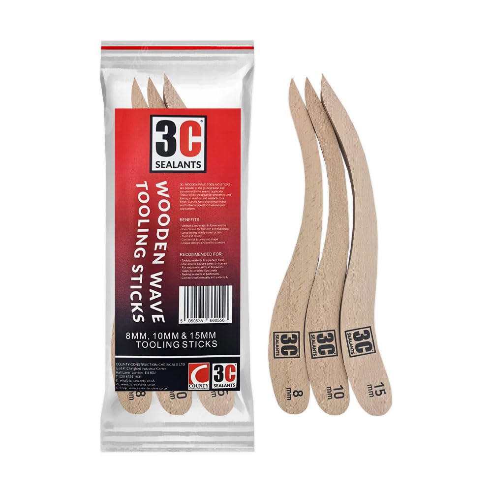 3C Sealants Wooden Wave Silicone Sealant Tooling Sticks (Pack of 3) 8mm, 10mm & 15mm