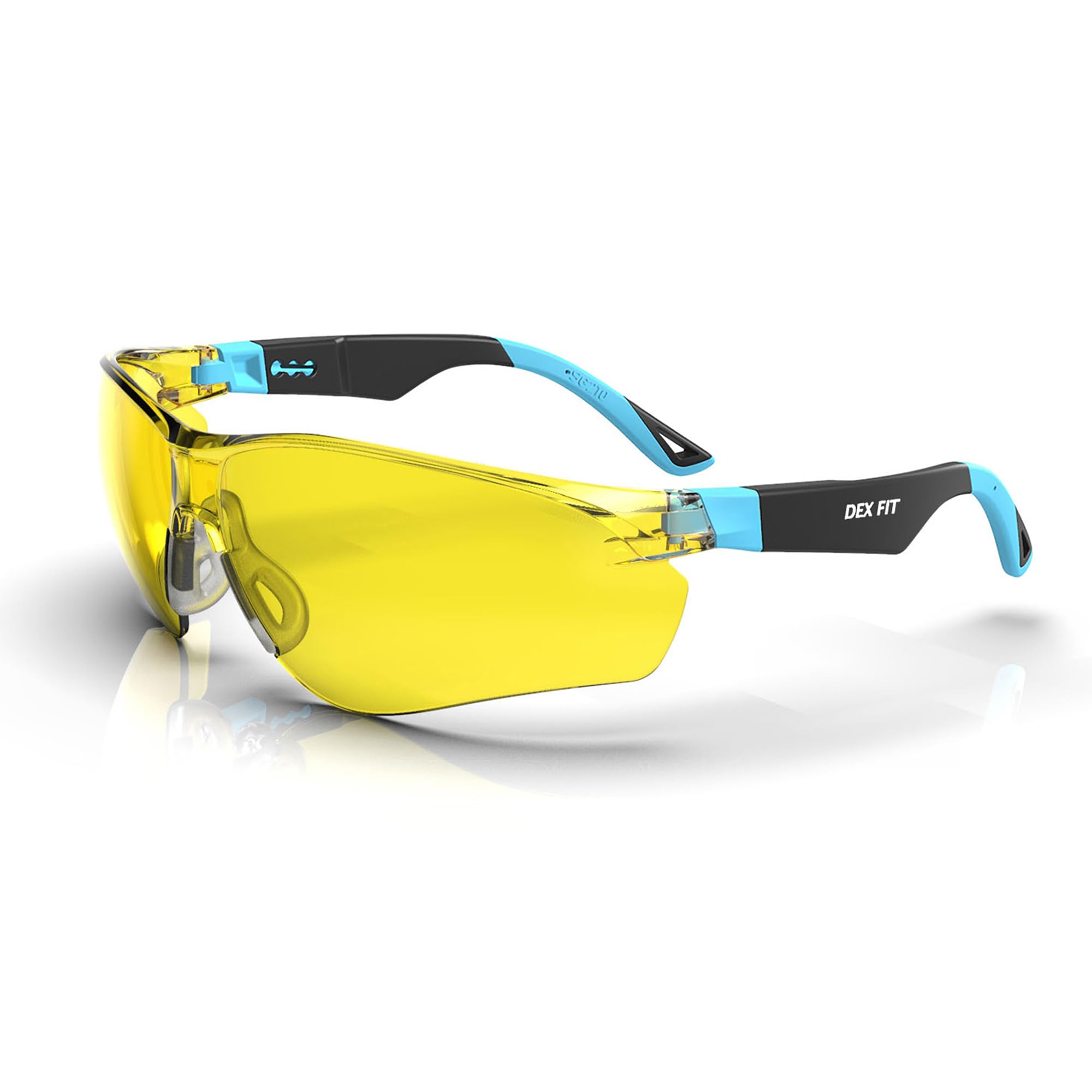 DEX FIT Safety Glasses SG210 - Yellow Lens, Blue Light Blocking & Night Vision Enhancement, Anti-Fog Z87.1 Eye Protection, Adjustable Arms for Shooting, Gaming & Low Light Work; Black & Blue, 1 PC