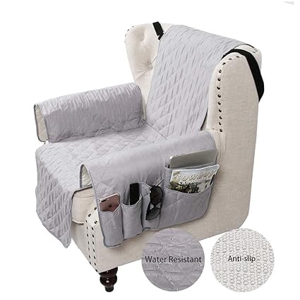 Sanli Chair Cover With Tv Remote Control Holder Armrest Organizer Sofa Chair Protector With 5 Pocket Armchair Caddy Chair Size 22 Gray
