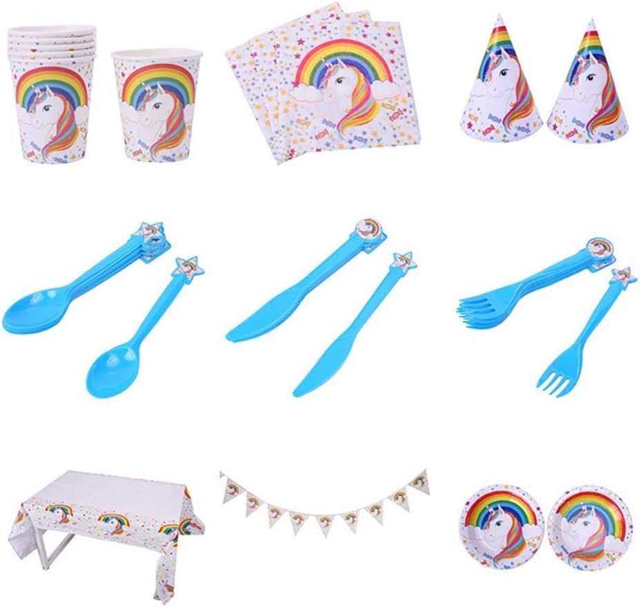 Tukistore 48 Piece Rainbow Unicorn themed party set for kids birthday party decoration, paper plates, cups, napkins, tablecloth, spoon, fork, knife, blanner, birthday party accessory for 6 guests