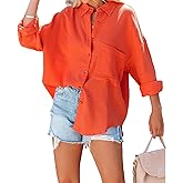 R.Vivimos Women's Fall Cotton Long Sleeve Oversized Loose Casual Button Down Shirts Blouses with Pocket