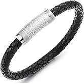 Men’s Black Braided Leather Bracelet with Steel Textured Barrel Clasp Modern Minimalist Wristband
