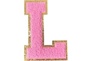 GUYI GYGYL 3PCS Chenille Varsity Glitters Letters Patch, Iron on Large Size Letter Patches for Team Costume Decoration, Height 4-1/2In, Pink Letter L
