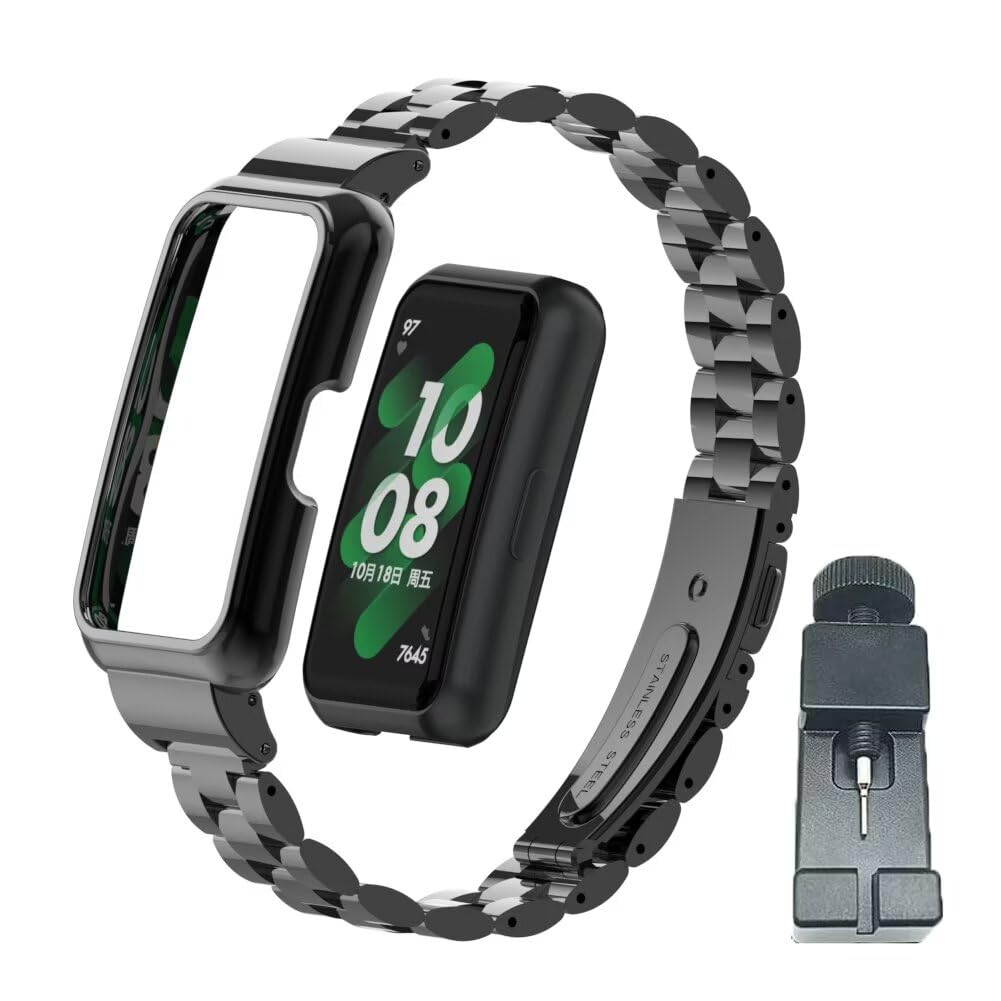 T-BLUER Compatible for Huawei Band 9/8/7 Strap,Stainless Steel Metal Replacement Band Bracelet with Metal Frame for Huawei Band 7/8/9 Woman Man Black