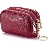 LINNO 3 Zippered Genuine Leather Coin Purse Triple Capacity Change Pouch Little Travel Wallet With Key Ring for Women
