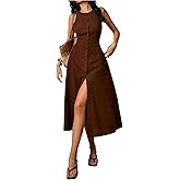 WDIRARA Women's Button Down Sleeveless Midi Dress Crew Neck Tie Back Dressy Tank Dress with Pockets