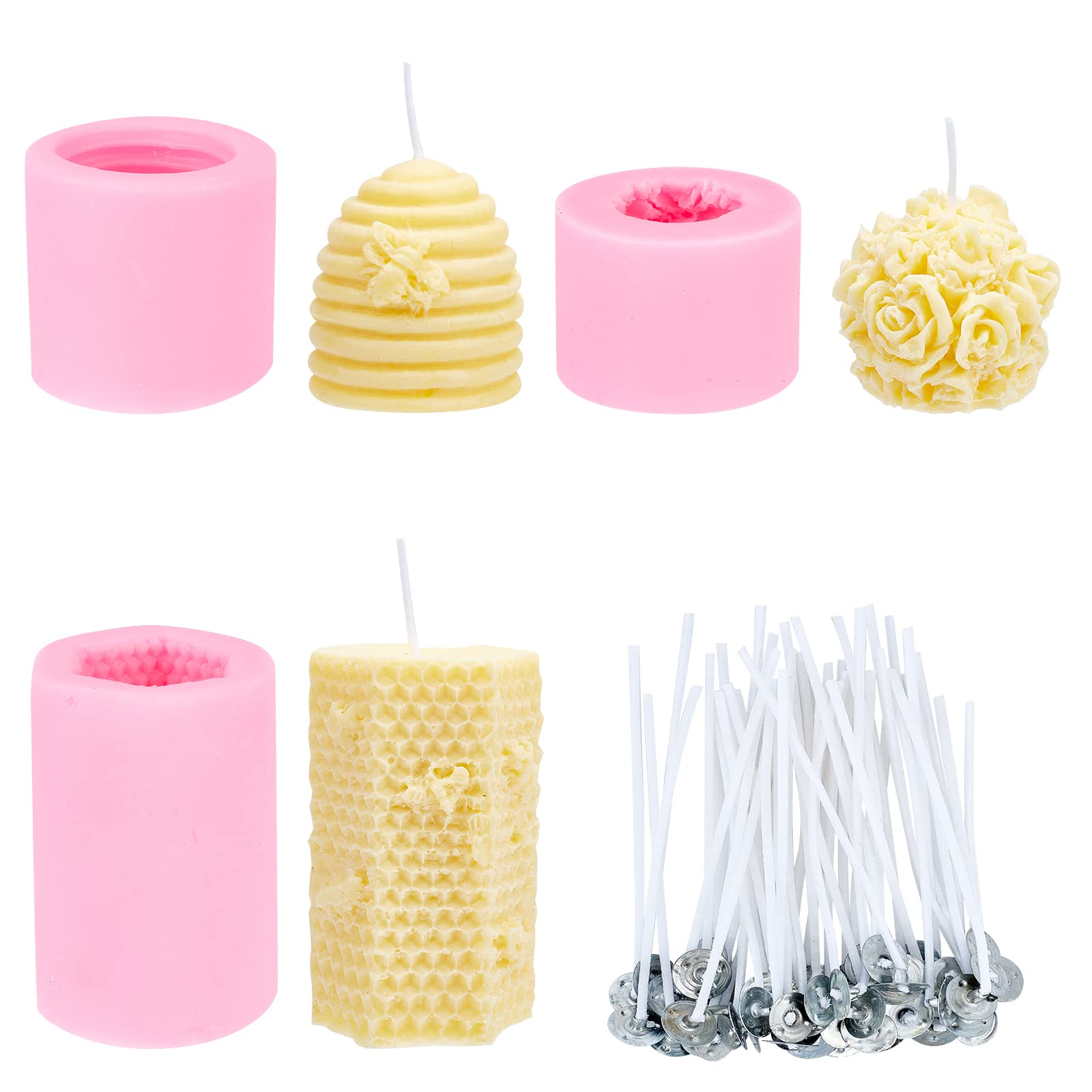 PH PandaHall 3 Styles 3D Bee Honeycomb Candle Mould, Flowers Candle Mould Silicone Soap Mould for Christmas Decor DIY Candle Making Soaps Lotion Bars Fondant Cake Decorating with 50pcs Candle Wicks