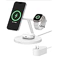 Belkin MagSafe-Compatible Charger, 3-in-1 Wireless Charging Station, Qi2-Certified 15W Wireless Charge for Apple iPhone 16 Series, Apple Watch, AirPods w/Non-Slip Base, 40W Included - White