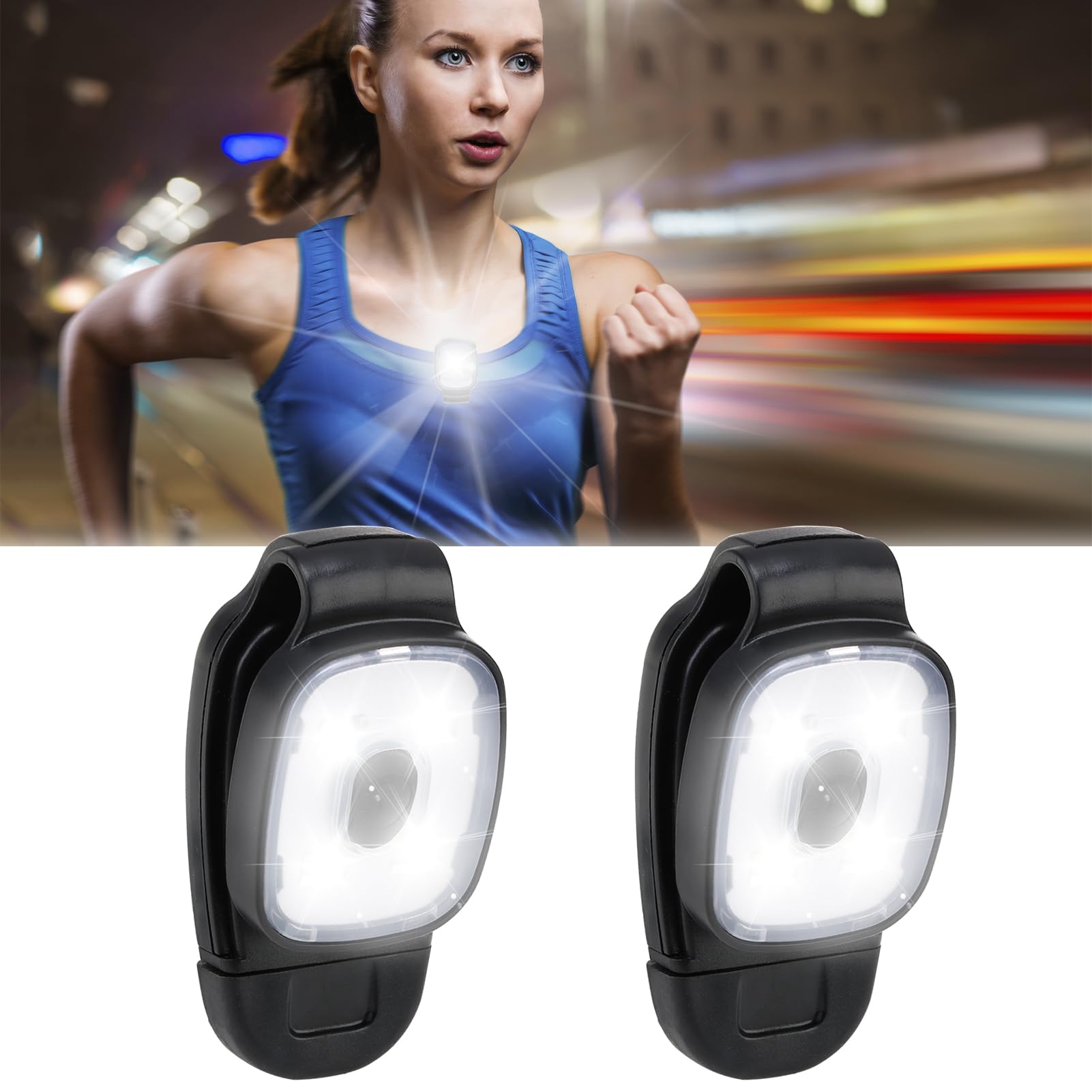 Aeipou 2 Pack Clip on Torch/Flashlight, LED Running Lights for Runners USB Rechargeable Safety Lights for Walking at Night Hands Free Running Chest Light Dog Walking Hiking Joggers [Energy Class A++]