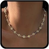 Jugielu Vintage Daisy Flower Choker Necklace White Daisy Flower Necklace Flower Bead Necklace Enamel Floral Necklace Chain Gold Floral Collar Necklace Jewelry for Women