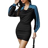 winkbay Women's Collared Long Sleeve Dress Color Block Bodycon Mini Party Club Dresses