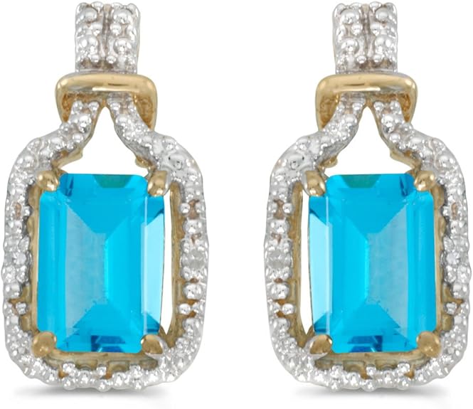 14k Yellow Gold Emeraldcut Blue Topaz And Diamond Earrings Stud Earrings Jewelry