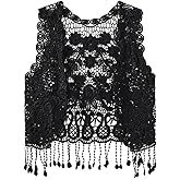 SIUULUZZ Girls Crochet Vest Cardigan with Fringe V-Neck Sleeveless Boho Vest Hollow Out Cardigan