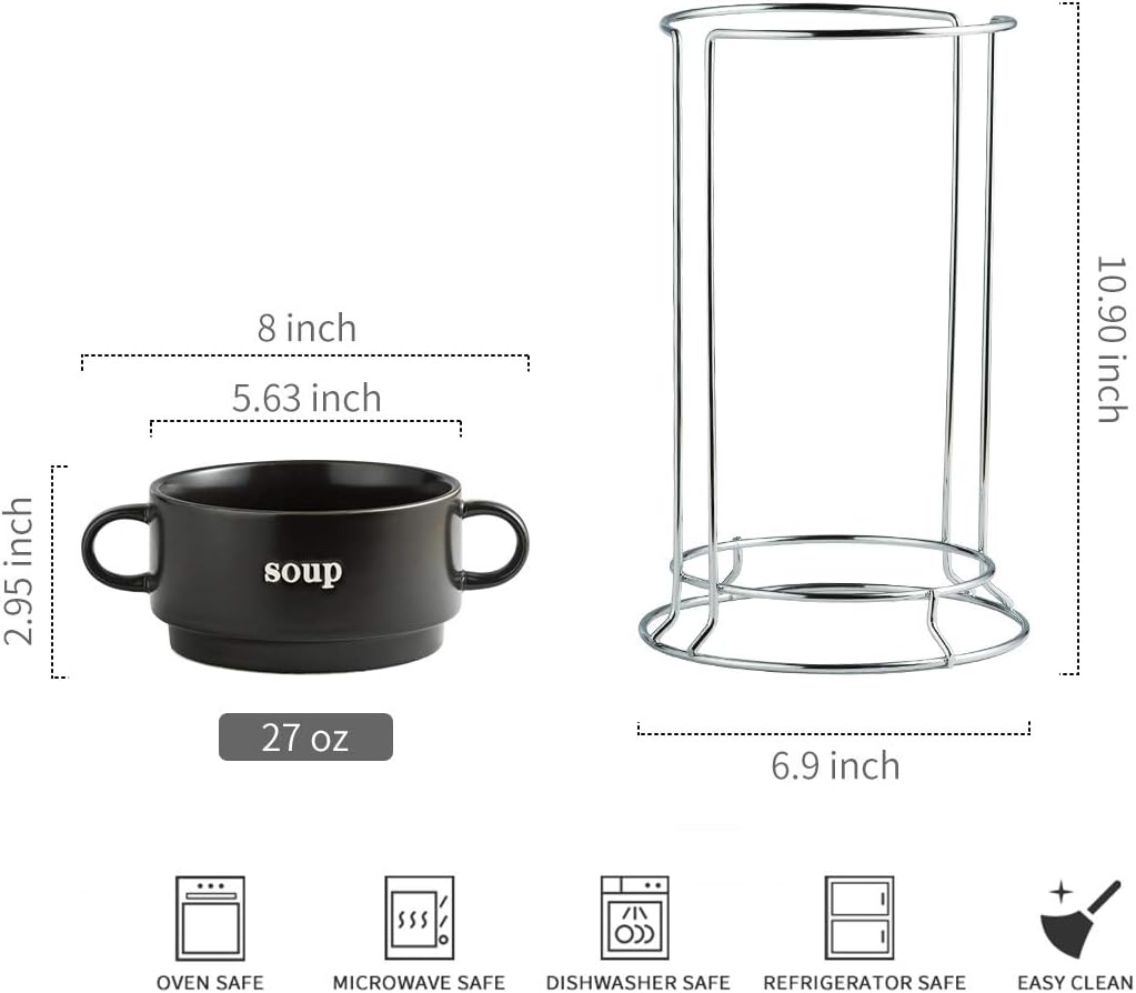  | Soup Bowl Set with Handles 27 Oz，Oven Safe Soup Bowls with Serving Stand for Soup, Cereal, Desserts, Chill Set of 4 Stackable Soup Crock，Black: Soup Bowls