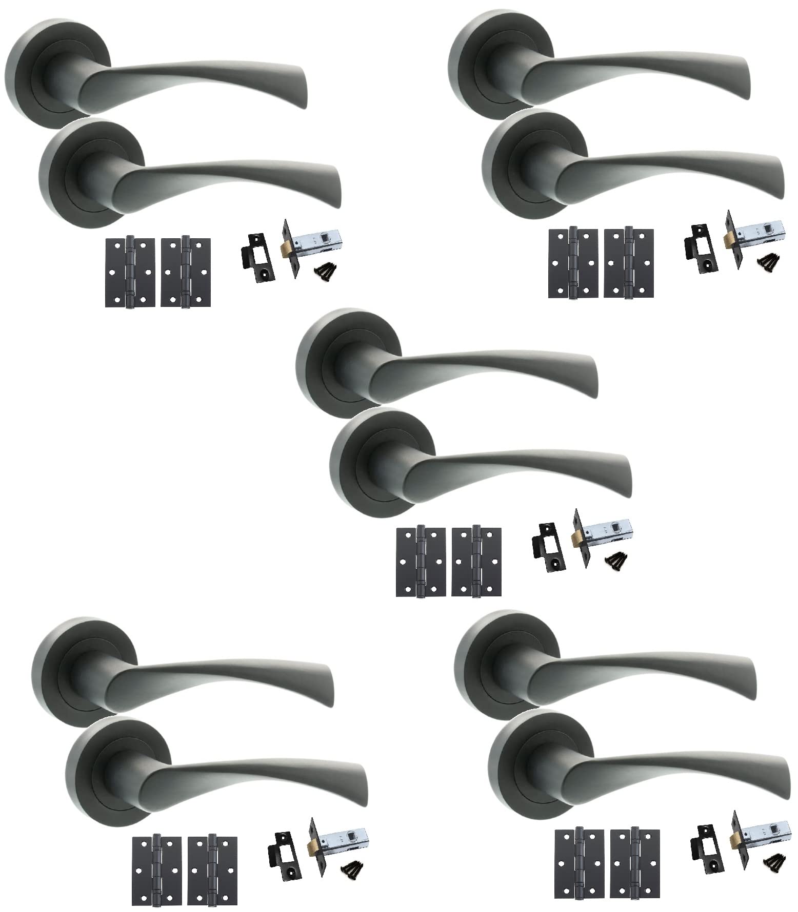 Golden Grace Astrid Twist Design Door Handles On Round Rose in Matt Black Finish with Ball Bearing Hinges & 64mm Tubular Latch - 5 Sets