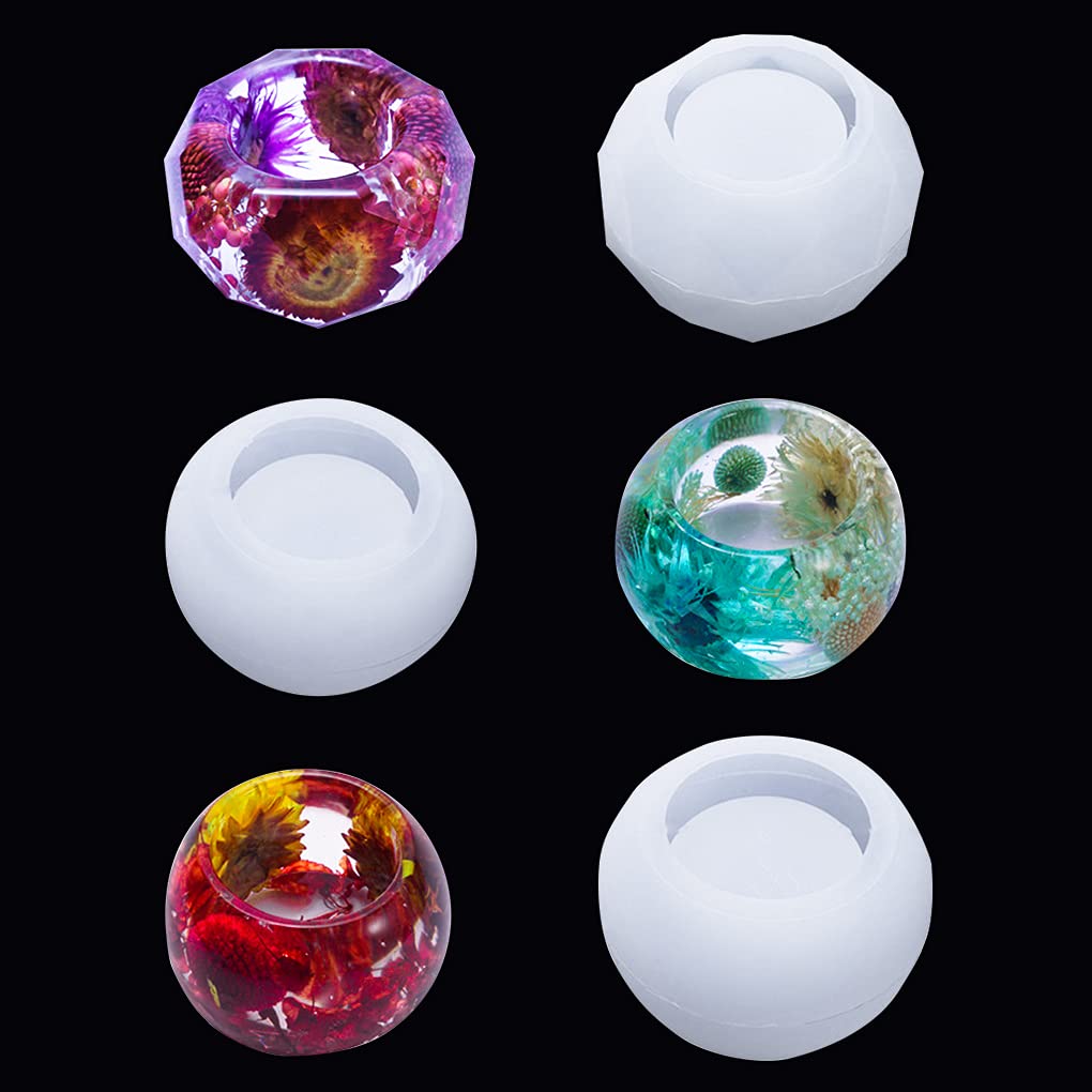 FineInno 3pcs Jewellery Tray Resin Mould, Candle Holder Silicone Mould, Flower Pot Epoxy Mould, Diamond Round Ink Stone Mold for Earring Necklace Pendant Pearl Storage
