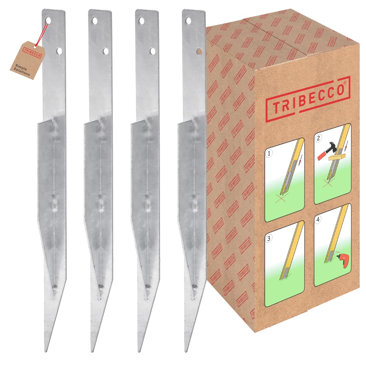 TRIBECCO Ground Anchors - Set of 4, Total Length 437 mm, Hot-Dip Galvanised Flat Steel, Hammer-In Tent Pegs for Tents, Playhouses, Play Towers, Swing
