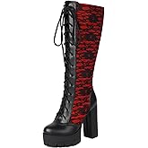 LUXMAX Gothic Victorian Boots for Women Goth Knee High Boots Lace Up Chunky Heel Renaissance Shoes with Bow Vintage Granny Boot